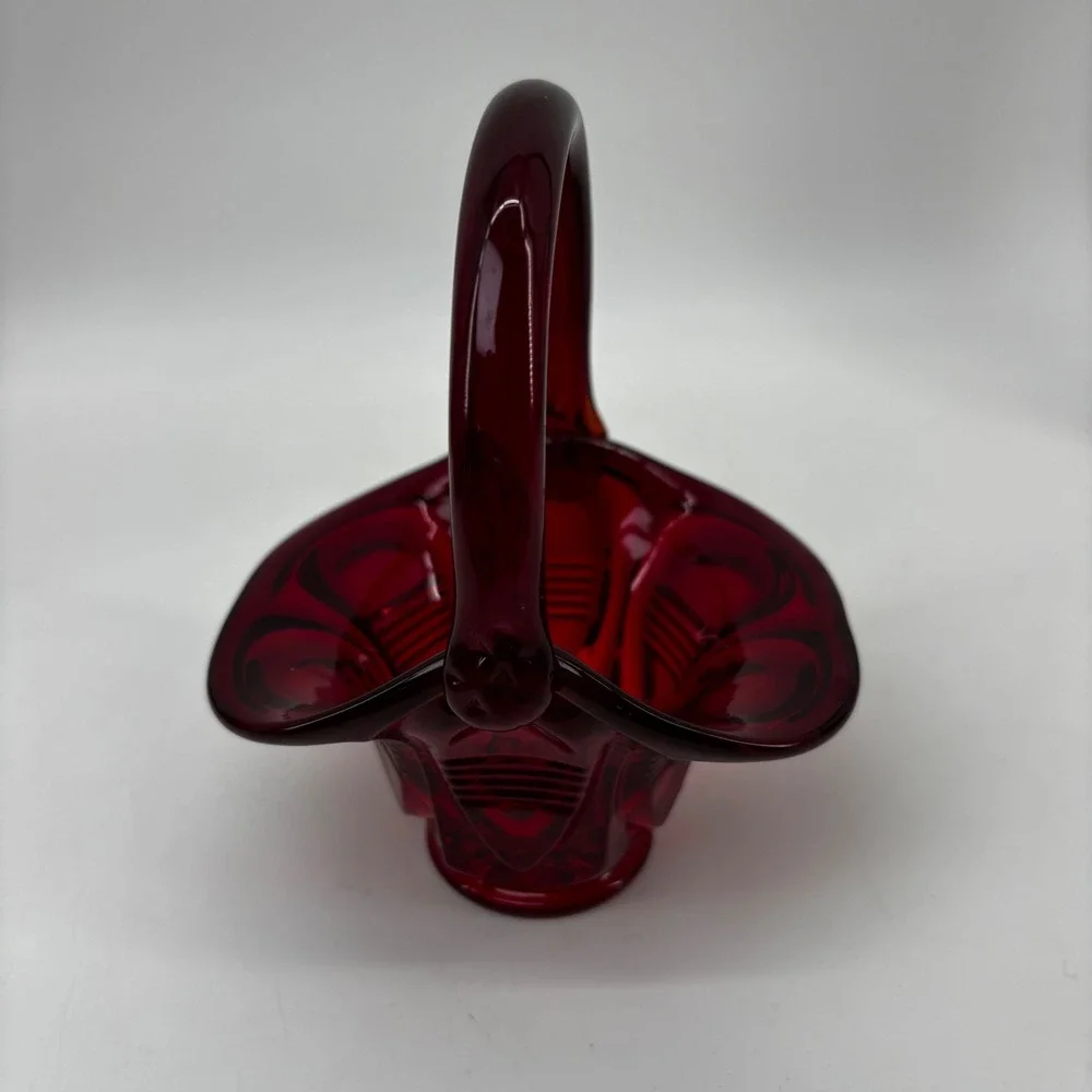 Vintage Ruby Red Glass Basket Pressed Pattern Scalloped Edge Applied Handle 6in
